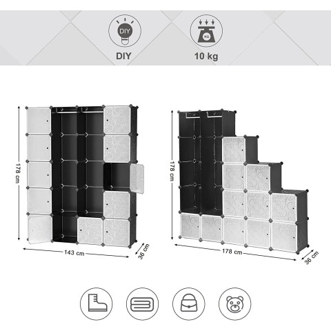 Armoire xxl étagère de rangement - motifs imprimés grande capacité dimensions 143 x 36 x 178 cm l x l x h noir lpc30h 