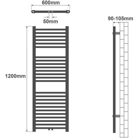 Radiateur sèche-serviettes salle de bain montage mural connexion centrale 120 x 60 cm