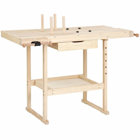 Établi d'atelier en bois de pin avec tiroir et étagère charge max 200 kg 127 cm banc table de travail bricolage menuisier