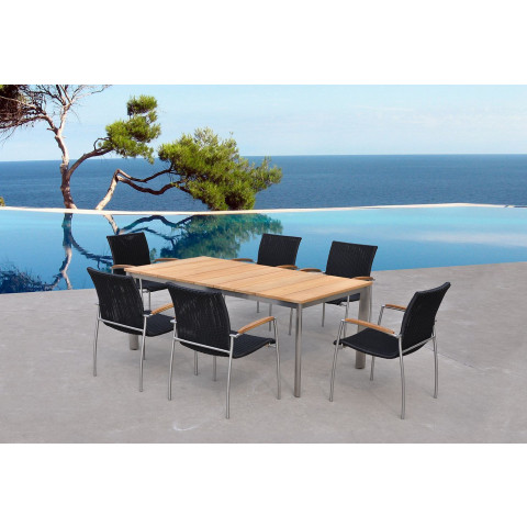 Salon de jardin table et 6 fauteuils acier brossé et teck melbourne