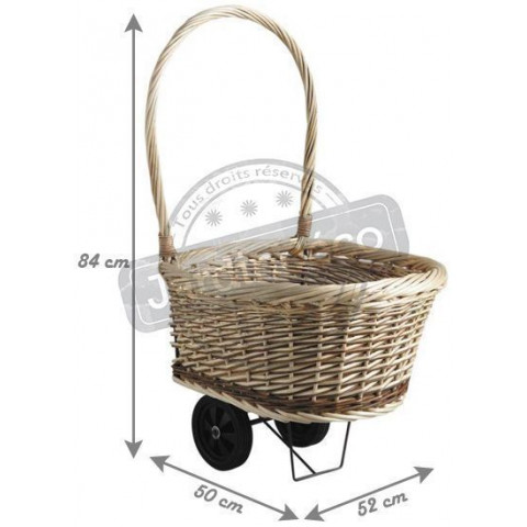 Chariot en osier brut et blanc sur roulettes