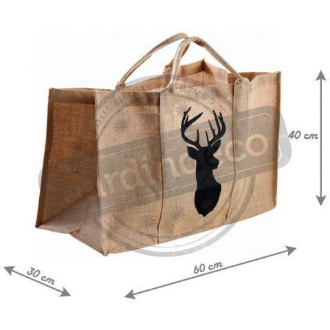 Sac à bûches en toile de jute naturelle cerf