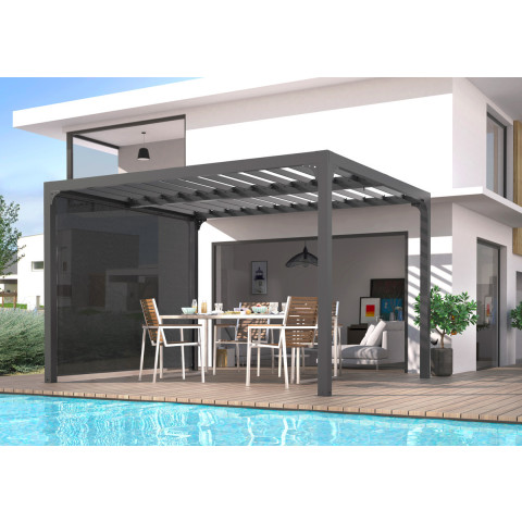 Pergola bioclimatique habrita foresta per 2430r bi aluminium balcon et terrasse 7,2m2 avec rideau manuel coloris gris pour côté 3m