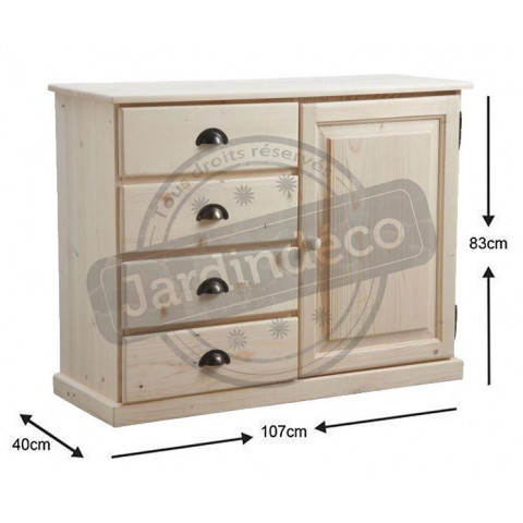 Buffet 1 porte 4 tiroirs en epicéa brut