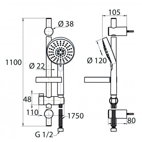 Colonne de douche en inox chromé comprenant barre murale 1100 mm, douchette 5 fonctions, porte savon