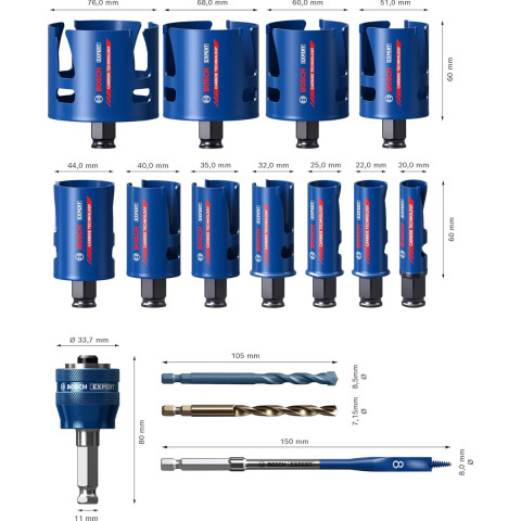 Coffret 11 scies à trépans Expert carbure Construction Material - Diam. 20 à 76 mm - 15 Pièces - BOSCH - 2608900489