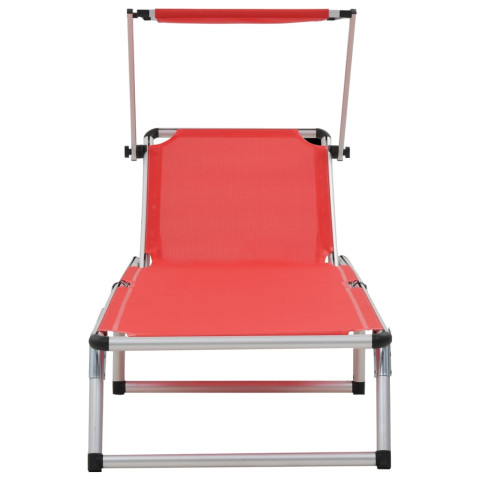 Transat chaise longue bain de soleil lit de jardin terrasse meuble d'extérieur pliable 186 cm avec auvent aluminium et textilène rouge helloshop26 02_0012820