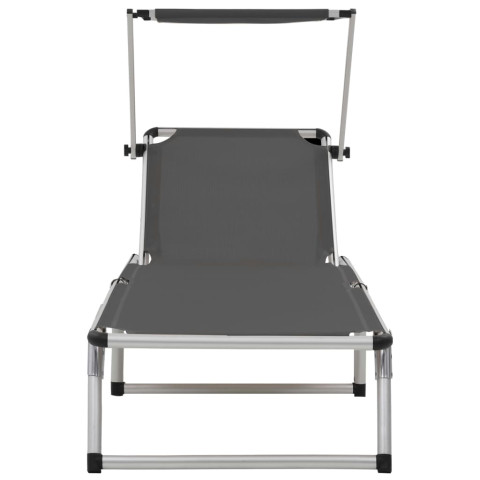 Transat chaise longue bain de soleil lit de jardin terrasse meuble d'extérieur pliable avec auvent aluminium et textilène gris helloshop26 02_0012817
