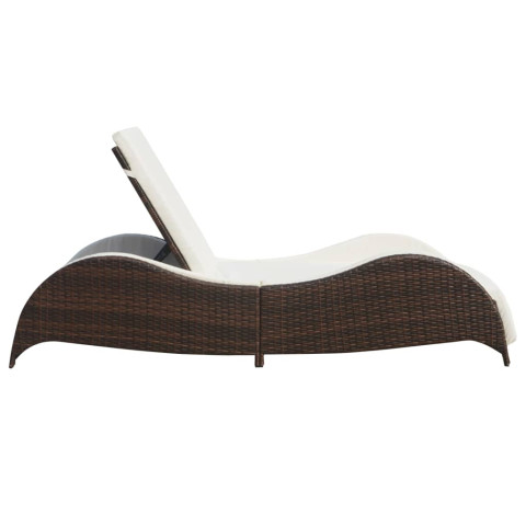 Transat chaise longue bain de soleil design vague lit de jardin terrasse meuble d'extérieur avec coussin résine tressée marron helloshop26 02_0012515