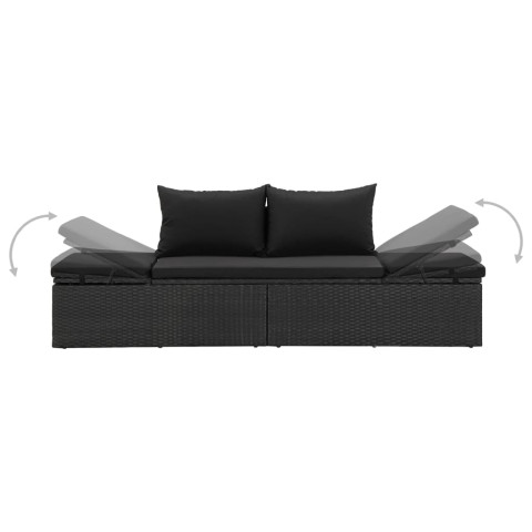 Chaise longue avec coussins résine tressée noir