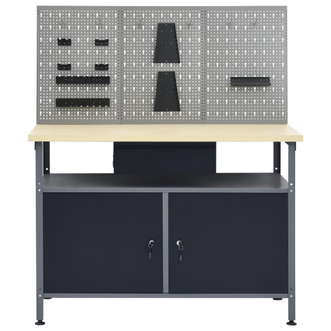 Établi 120 cm avec 3 panneaux muraux et 1 armoire atelier table de travail gris noir