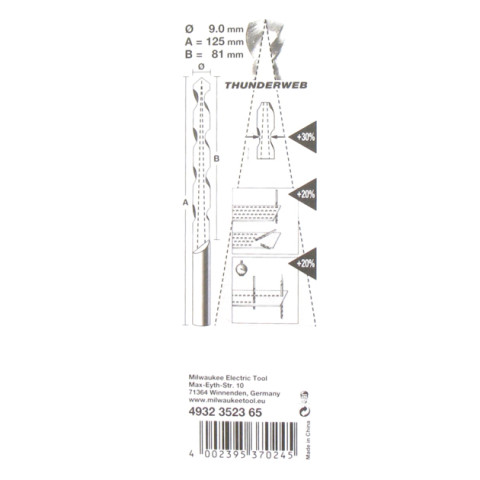 Foret métal milwaukee hss-g thunderweb 9.0 x 125mm 4932352365