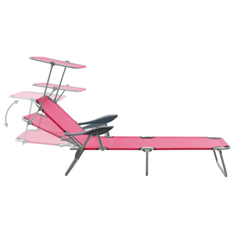 Transat chaise longue bain de soleil lit de jardin terrasse meuble d'extérieur avec auvent acier rose helloshop26 02_0012268