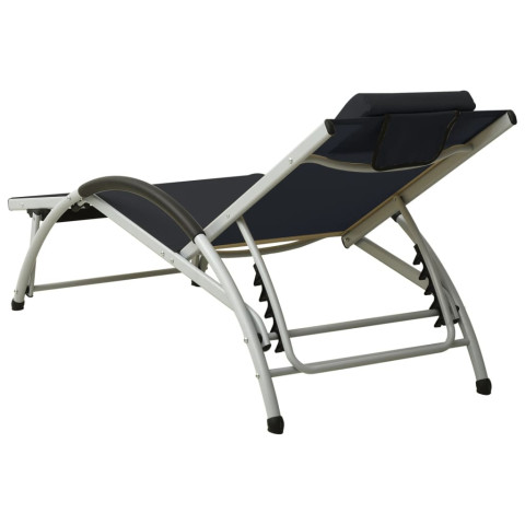 Transat chaise longue bain de soleil lit de jardin terrasse meuble d'extérieur avec oreiller textilène noir helloshop26 02_0012563