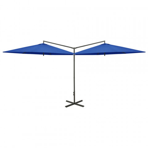 Parasol double avec mât en acier bleu azuré 600 cm