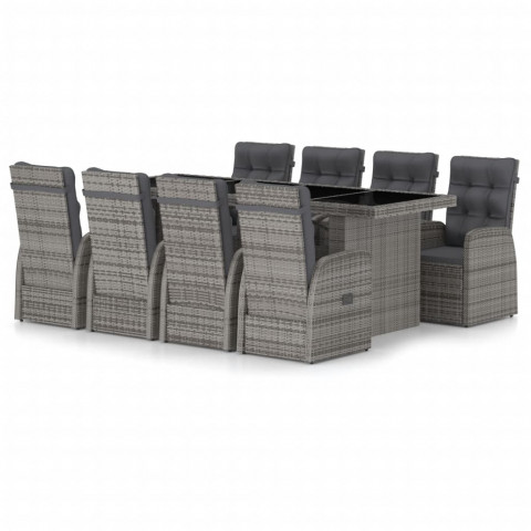 Mobilier à dîner jardin 9 pcs avec coussins résine tressée gris