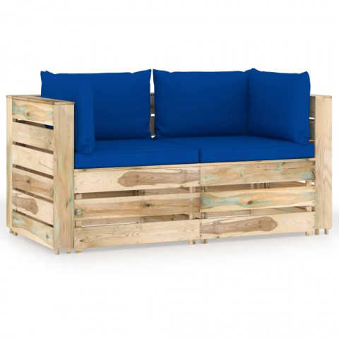 Canapé de jardin 2 places avec coussins bois imprégné de vert - Couleur au choix