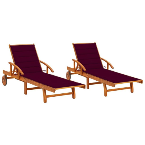 Lot de 2 transats chaise longue bain de soleil lit de jardin terrasse d'extérieur avec coussins bois d'acacia solide - Couleur au choix