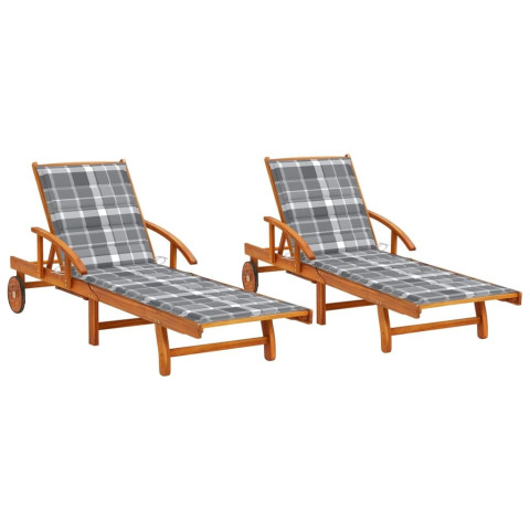 Lot de 2 transats chaise longue bain de soleil lit de jardin terrasse d'extérieur avec coussins bois d'acacia solide - Couleur au choix