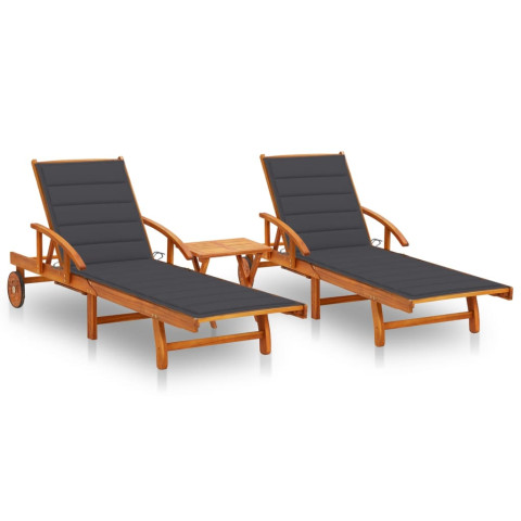 Lot de 2 transats chaise longue bain de soleil de jardin d'extérieur avec table et coussins acacia solide - Couleur au choix