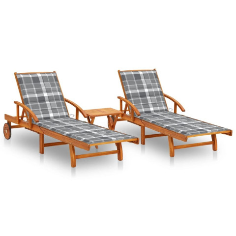 Lot de 2 transats chaise longue bain de soleil lit de jardin terrasse d'extérieur avec table et coussins acacia solide - Couleur au choix