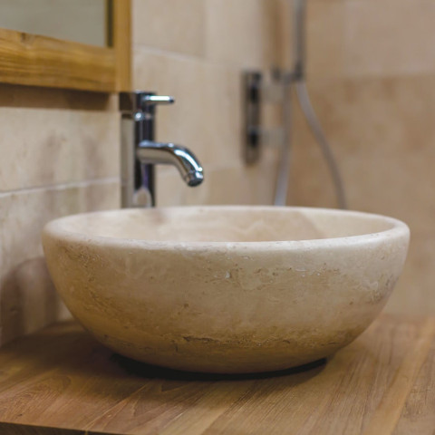 Vasque à poser ronde pour salle de bains en travertin beige 42x15 cm