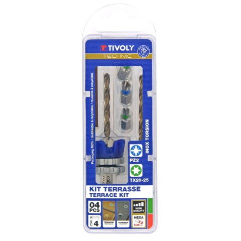 4 pièces - Kit Terrasse mèche & fraise HSS 2en1 Bois Métal Ø 4mm + 1 foret HSS + 3 embouts Inox - TIVOLY - 11900770400