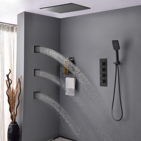 Pack de douche encastré au plafond thermostatique 500 mm - noir