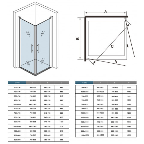 Cabine de douche en verre anticalcaire avec porte pivotante - Dimensions au choix