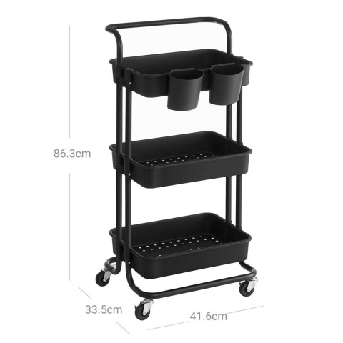 Chariot mobile à 3 niveaux desserte sur roulettes étagère de rangement avec poignée 2 pots 2 freins paniers en plastique montage facile 86,3 cm pour chambre cuisine noir 