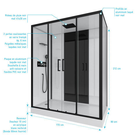 Cabine de douche rectangle 170x90x215cm - blanche avec profilé noir mat à receveur haut - infinity high