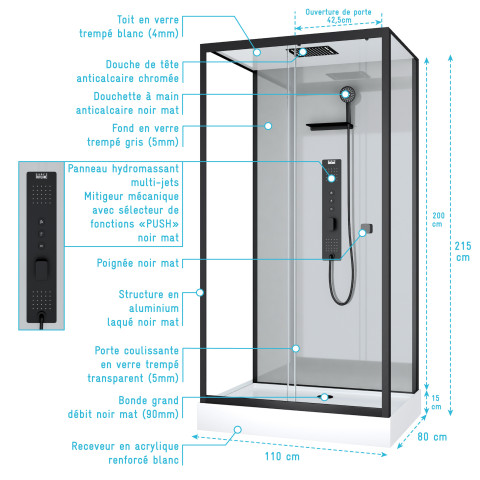 Cabine de douche hydromassante 110x80x215 cm - fond gris et profilés noir mat - grey style