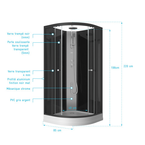 Cabine de douche 1/4 de cercle 85x85x225 cm - profilés et fonds noirs - Nebula Aurlane - CAB117