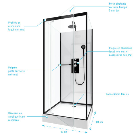 Cabine de douche carrée extra blanc et profilé noir mat - Lunar square 80 - Dimensions au choix