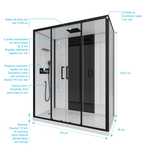 Cabine de douche rectangle 170x90x205cm - blanche avec profilé noir mat à receveur plat - infinity low