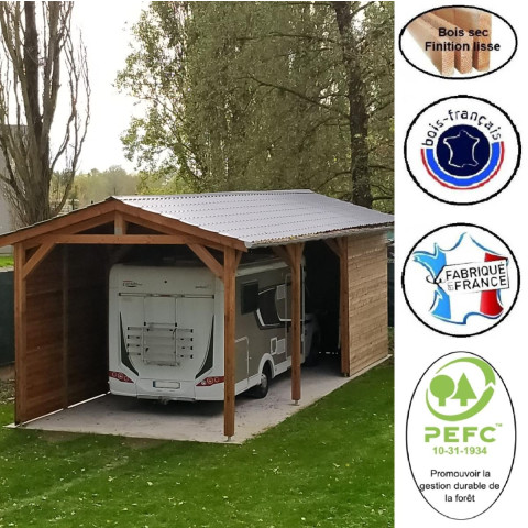 Abri deux pentes, 450cmx950cm, bois douglas francais, carport, auvent, abri camping-car, cpbf-cc2p450x950