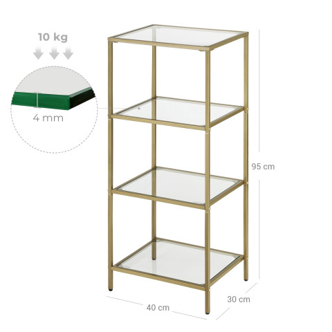 Étagère de rangement en verre trempé à 4 niveaux robuste - 95 cm - doré