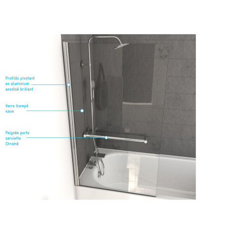 Pare baignoire pivotant 150x85cm profile aluminium chrome avec verre transparent et porte serviette - tshape chrome