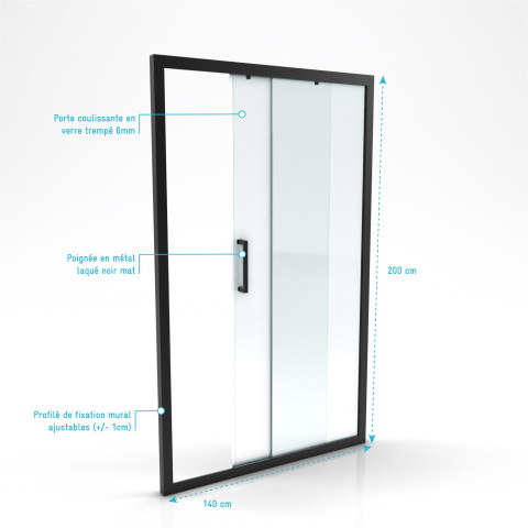 Paroi porte de douche à porte coulissante - crush 140 - 140x200cm - porte coulissante - profile noir mat - verre transparent 6mm