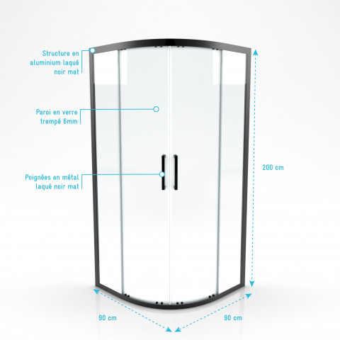 Paroi porte de douche quart de cercle - Crush round 90- 90x90x200cm - profile noir mat - verre transparent 6mm