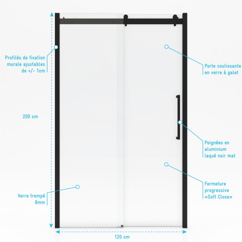 Paroi porte de douche type industriel coulissante noir mat - verre trempé 8mm - Railroad dark front - Dimensions au choix