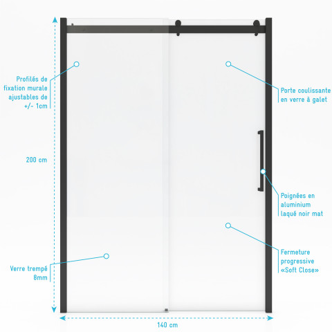Paroi porte de douche type industriel coulissante noir mat - 140x200cm - verre trempé 8mm - railroad dark 140 front Aurlane - FAC358