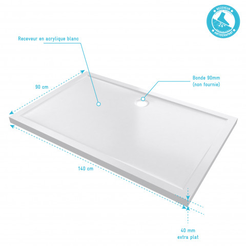 Receveur de douche a poser extra-plat en acrylique blanc rectangle - 140x90cm - bac de douche whiteness ii 140-90
