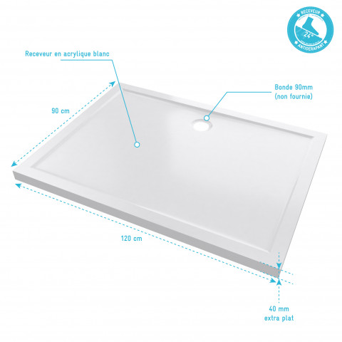 Receveur de douche a poser extra-plat en acrylique blanc rectangle - 120x90cm - bac de douche whiteness ii 120x90