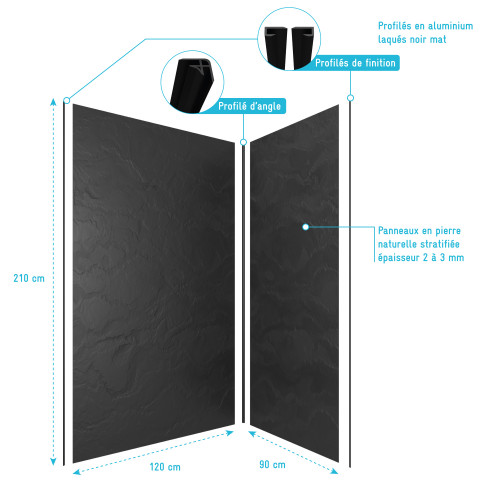 Pack panneaux muraux ardoise noir en composite - profilé d'angle et finition anodisé brillant - 90x120cm - stone'it slate 90x120 Aurlane - FAC384
