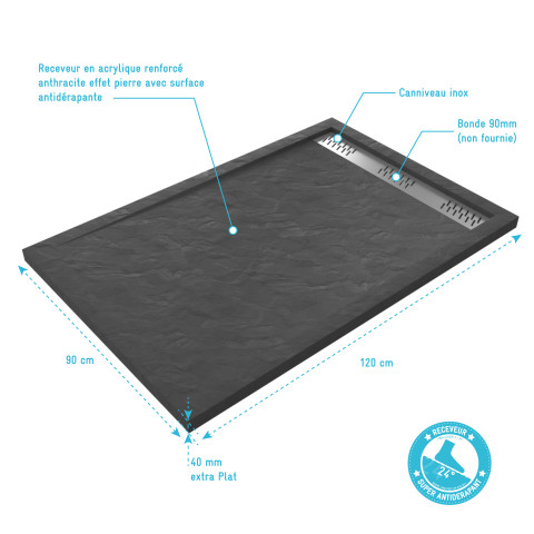 Receveur extra plat a poser 120x90cm caniveau - acrylique renforce gris effet pierre - anti-derapant