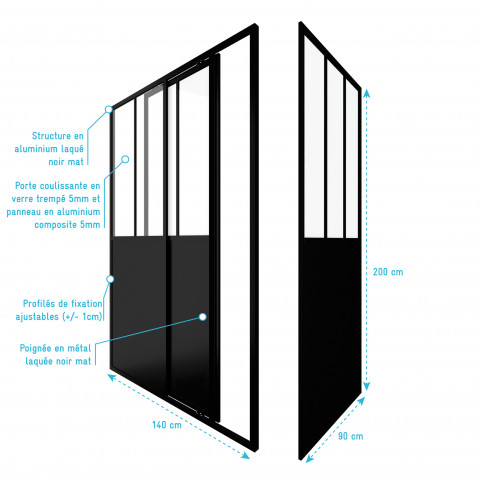 Pack paroi de douche coulissante 140x200cm + retour 90cm type atelier - profile noir mat - verre 5mm