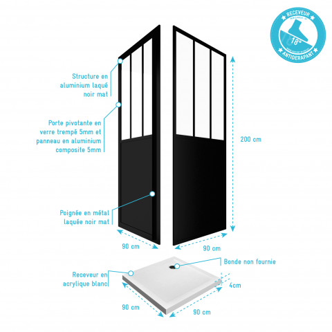 Pack porte pivotante verre trempé 5mm + panneau aluminium composite + receveur blanc 90x90 Aurlane - FAC414