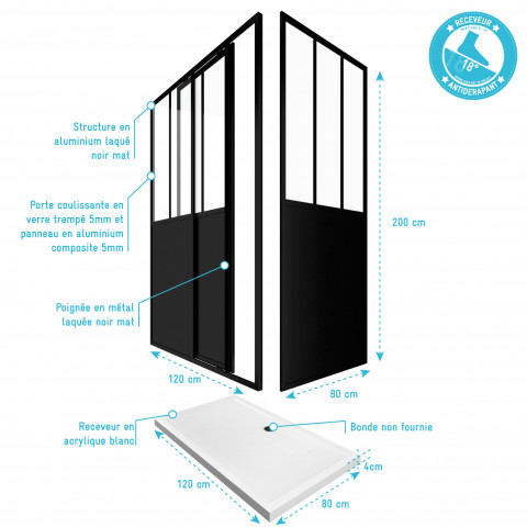 Pack porte coulissante + paroi retour et panneau aluminium composite + receveur blanc 120x80