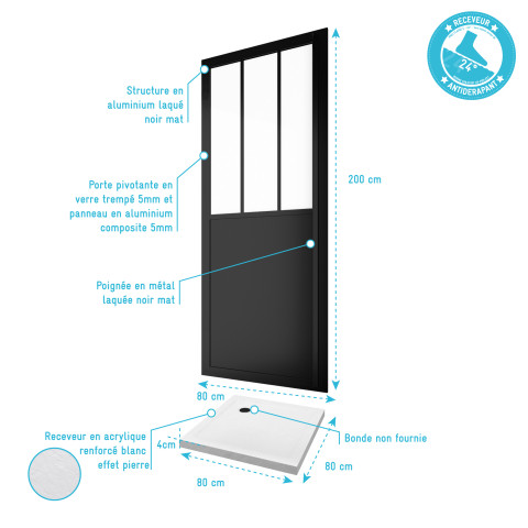 Pack Porte de Douche Atelier Pivotante Noire 80×200 cm et Receveur Blanc Effet Pierre 80x80x4 cm Aurlane - FAC419